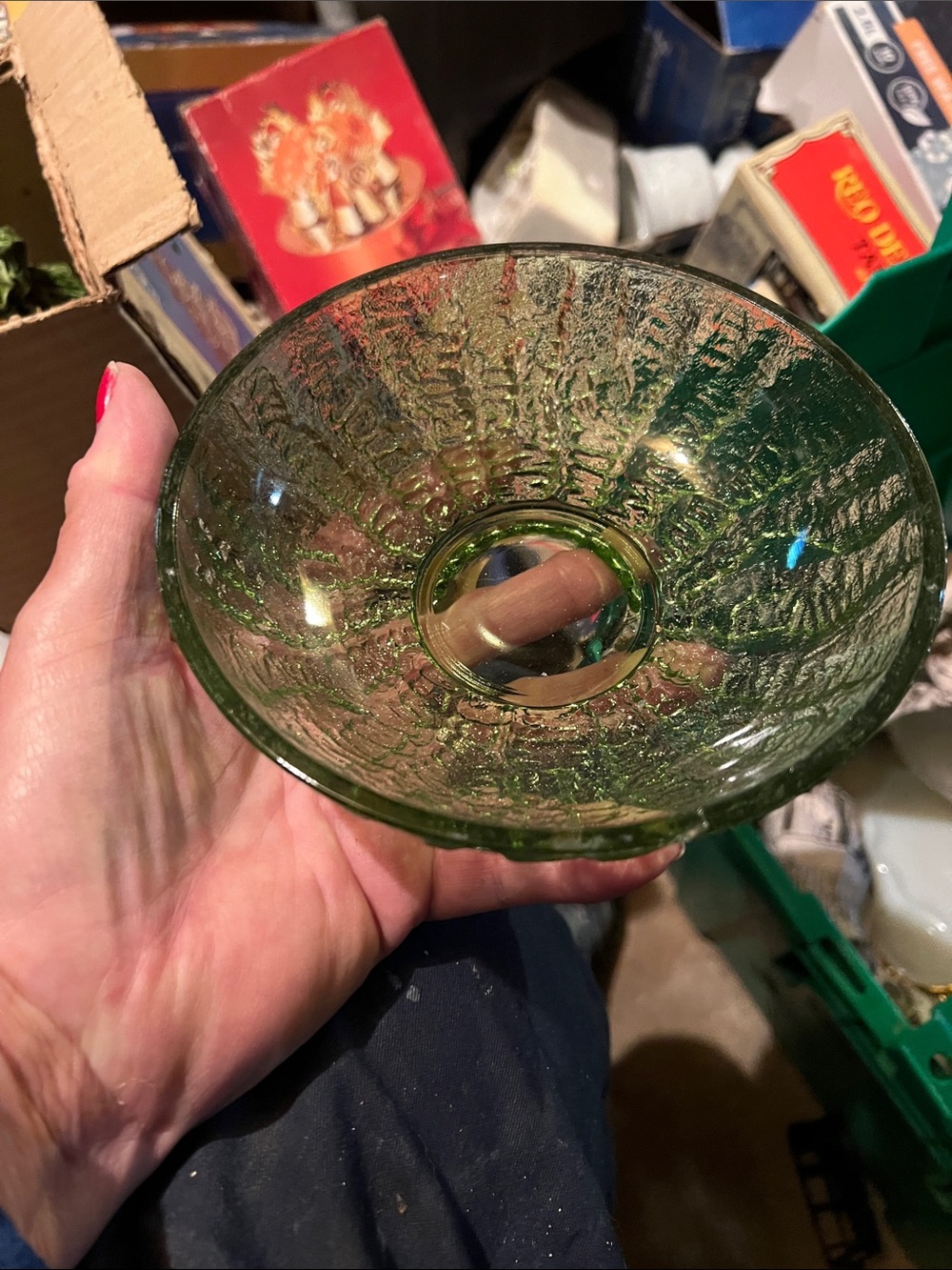 Vintage Green Textured Glass Dessert Bowl